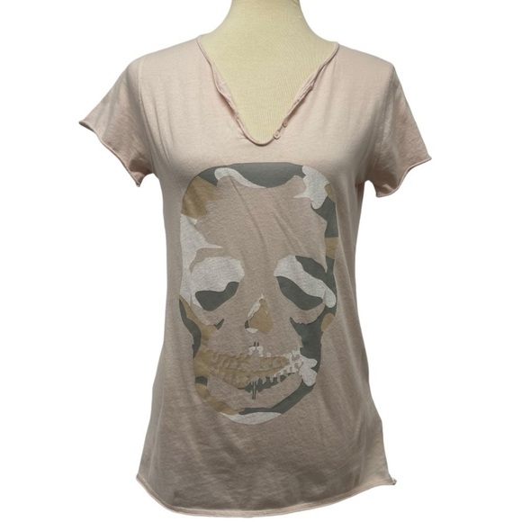 Zadig & Voltaire Pale Pink Skull Graphic Split Neck Short Sleeve T Shirt Women M - Picture 6 of 11